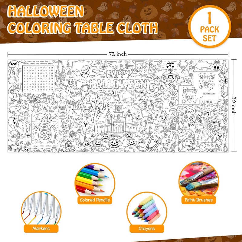JOYGATHER Giant Halloween Coloring Tablecloth for Kids, Large 30x72 Inch Poster with Haunted House, Pumpkins, Ghosts, Bats, Arts Crafts Games Indoor Activities for Halloween Party, Classroom Fun - Image 2