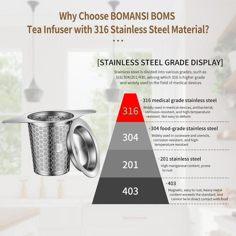 BOMANSI BOMS 2Pack Tea Infuser Strainers, 316 Stainless Steel Loose Leaf Tea Strainer Stepper with Double Handles, Extra Fine Mesh Ball Infusers, Diffuser Holder Filter for Mugs - Image 3