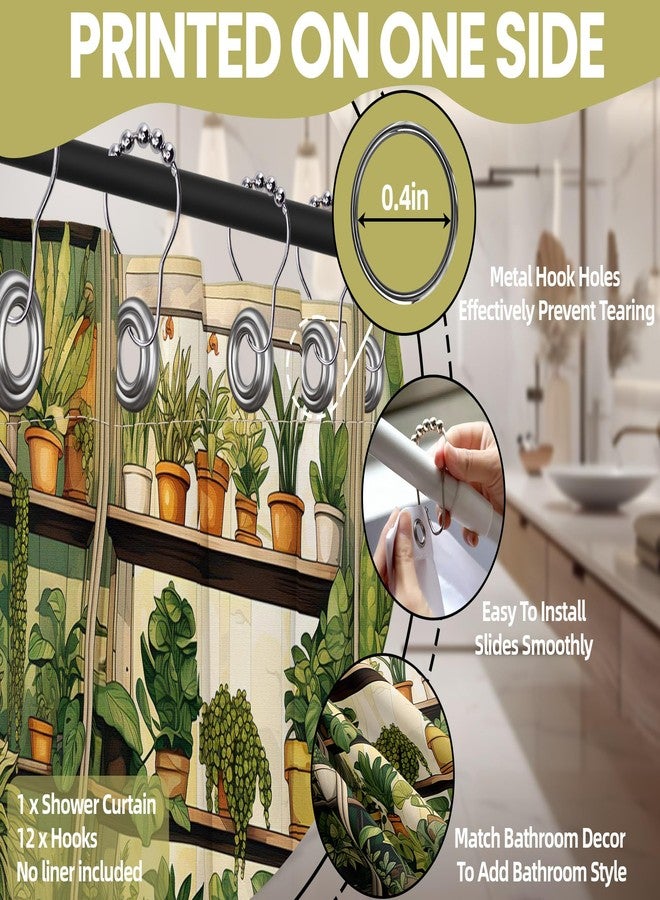 QGHOT Botanical Shower Curtain, Nature Green Plant Shower Curtains for Bathroom Decor Sets, Vintage Fake Potted Pattern, Waterproof Polyester Fabric with Hooks, 70x72in - Image 4