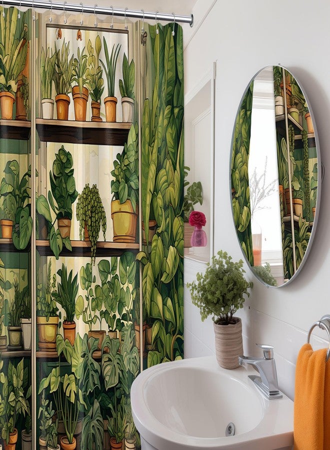 QGHOT Botanical Shower Curtain, Nature Green Plant Shower Curtains for Bathroom Decor Sets, Vintage Fake Potted Pattern, Waterproof Polyester Fabric with Hooks, 70x72in - Image 2
