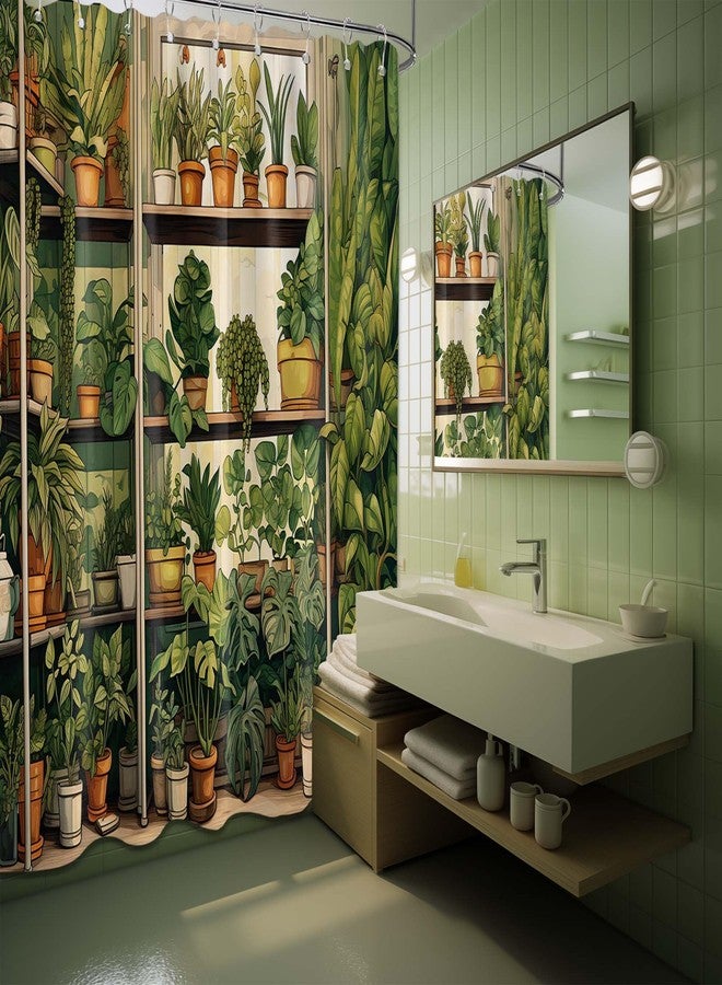 QGHOT Botanical Shower Curtain, Nature Green Plant Shower Curtains for Bathroom Decor Sets, Vintage Fake Potted Pattern, Waterproof Polyester Fabric with Hooks, 70x72in - Image 3