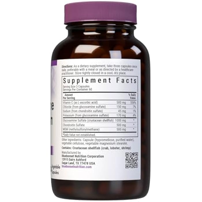 Bluebonnet Nutrition Glucosamine Chondroitin Plus MSM, Glucosamine, Chondroitin Sulfate, Vitamin C & OptiMSM, Bone & Joint Health, Non GMO, Gluten Free, Soy Free, Milk Free, 180 Vegetable Capsules - Image 2