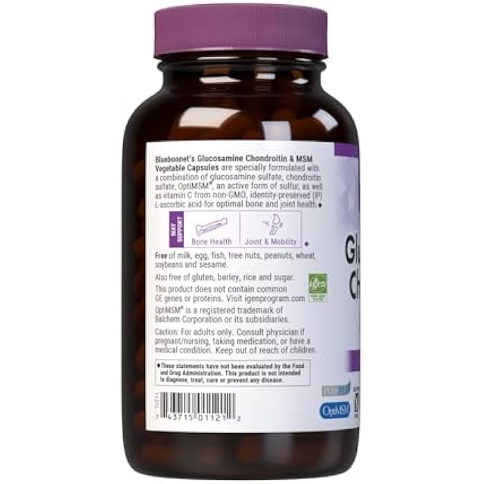Bluebonnet Nutrition Glucosamine Chondroitin Plus MSM, Glucosamine, Chondroitin Sulfate, Vitamin C & OptiMSM, Bone & Joint Health, Non GMO, Gluten Free, Soy Free, Milk Free, 180 Vegetable Capsules - Image 3