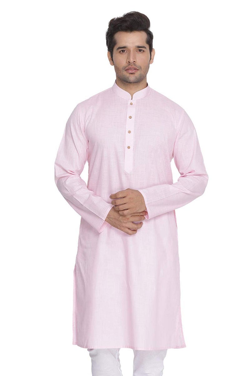 VASTRAMAY Mens Cotton Linen Light Pink Kurta - Timeless Elegance for Festivals & Events | Plain Solid Full Sleeves Mandarin Collar Kurta | Classic Design, Premium Comfort, and Versatile Style - Image 1