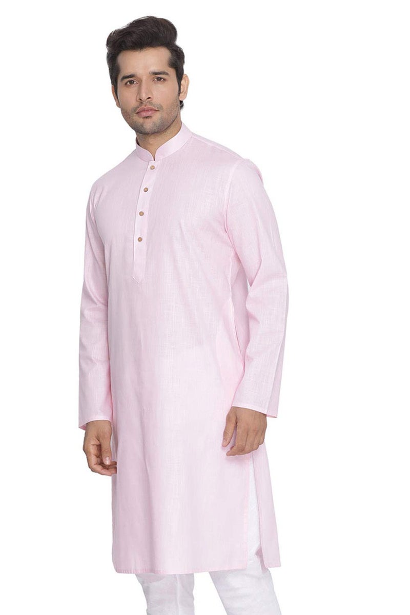 VASTRAMAY Mens Cotton Linen Light Pink Kurta - Timeless Elegance for Festivals & Events | Plain Solid Full Sleeves Mandarin Collar Kurta | Classic Design, Premium Comfort, and Versatile Style - Image 3