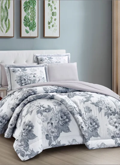Donetella Comforter Set 4-Pcs Single Size Printed Reversible Bed FIt 170x 230 CM All Season Comforter With (350 GSM) Down Alternative Filling, Grey Suit