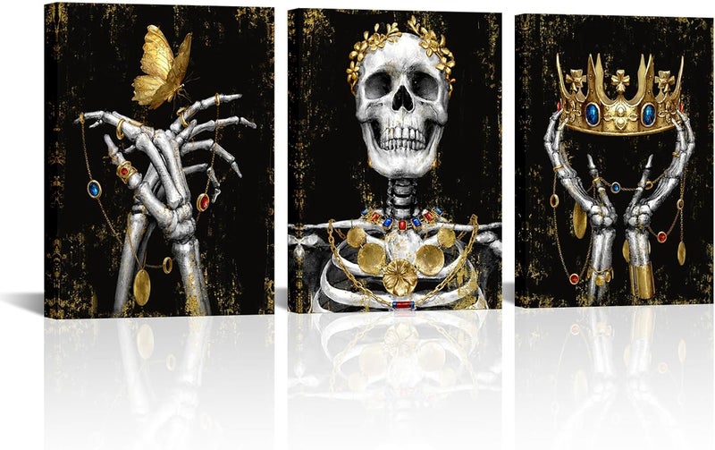 WELMECO Gothic Wall Decor Skull with Gold Crown Painting Black and Gold Skeleton Wall Art Goth Room Decor Framed Ready to Hang (Small) - Image 1