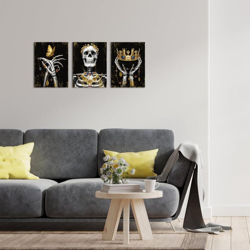 WELMECO Gothic Wall Decor Skull with Gold Crown Painting Black and Gold Skeleton Wall Art Goth Room Decor Framed Ready to Hang (Small) - Image 5