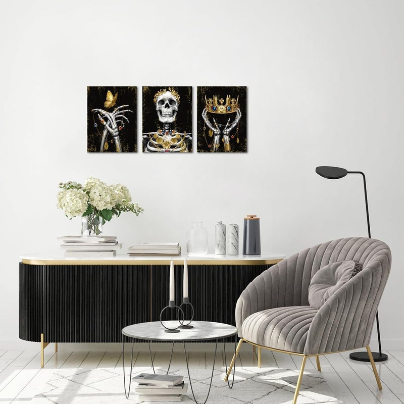 WELMECO Gothic Wall Decor Skull with Gold Crown Painting Black and Gold Skeleton Wall Art Goth Room Decor Framed Ready to Hang (Small) - Image 3