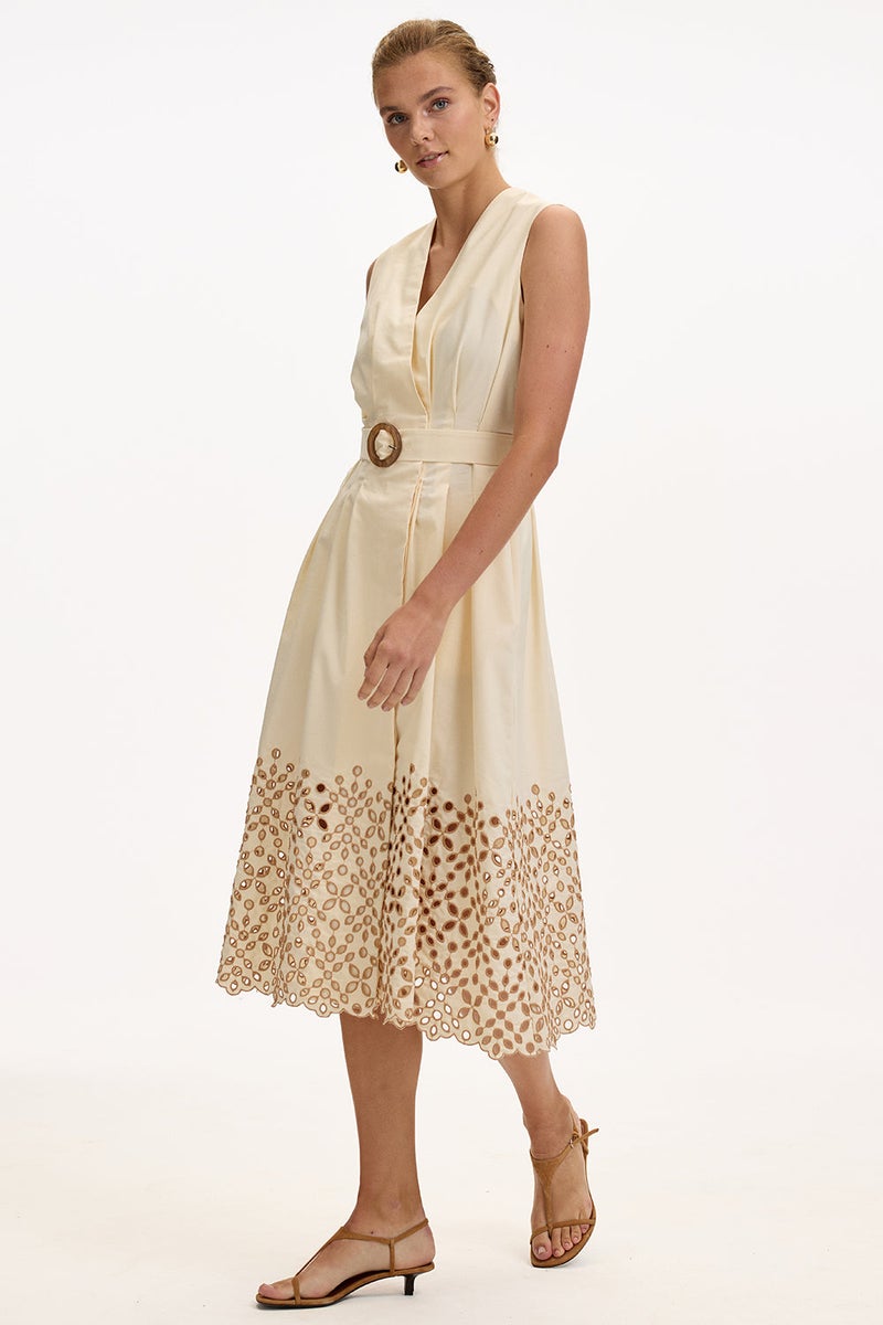EXQUISE V-Neck Belted Pocketed Regular Midi Cream Dress - Image 5