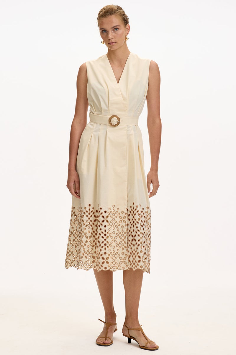 EXQUISE V-Neck Belted Pocketed Regular Midi Cream Dress - Image 2