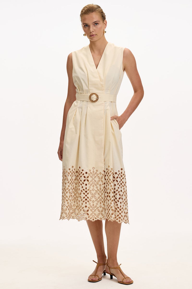 EXQUISE V-Neck Belted Pocketed Regular Midi Cream Dress - Image 4