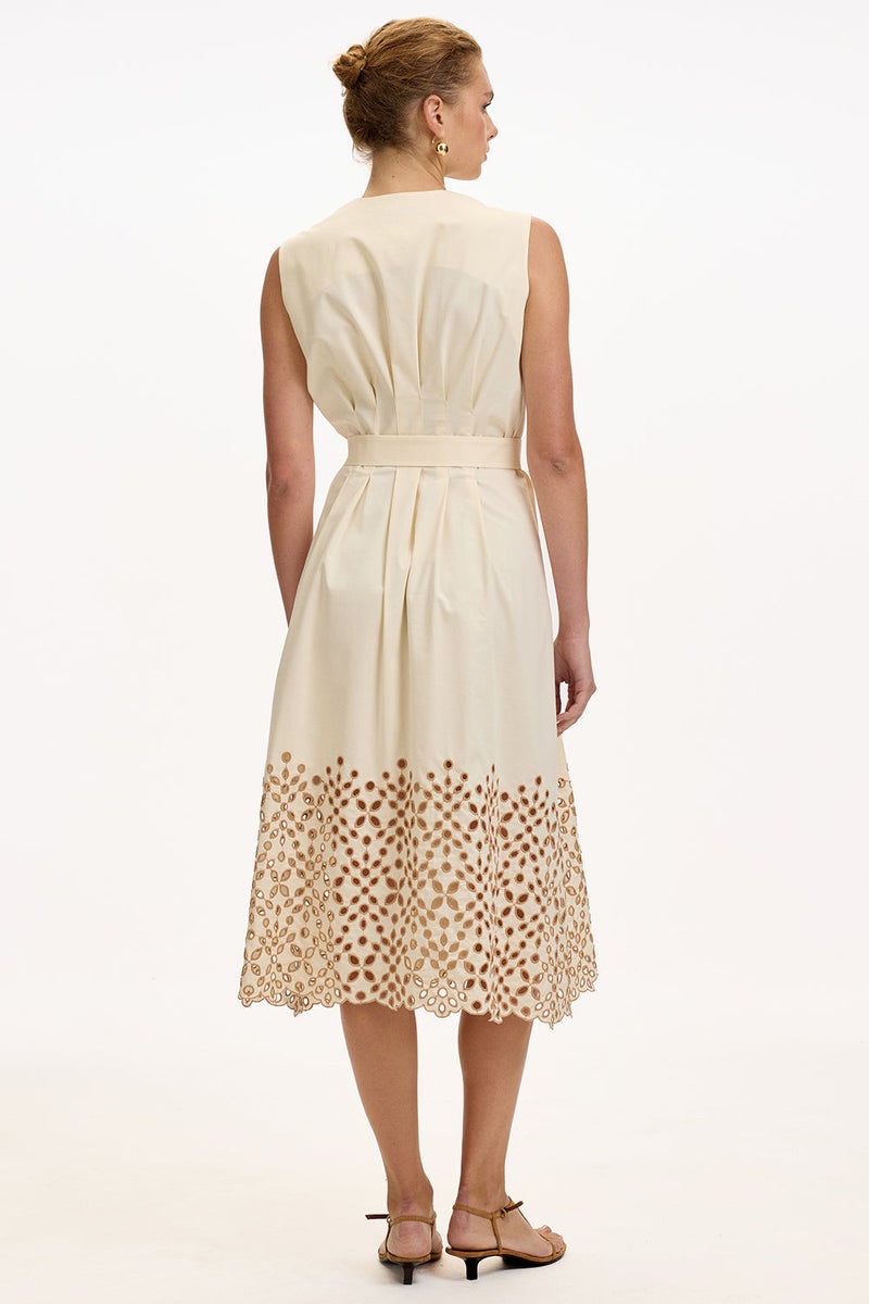 EXQUISE V-Neck Belted Pocketed Regular Midi Cream Dress - Image 3