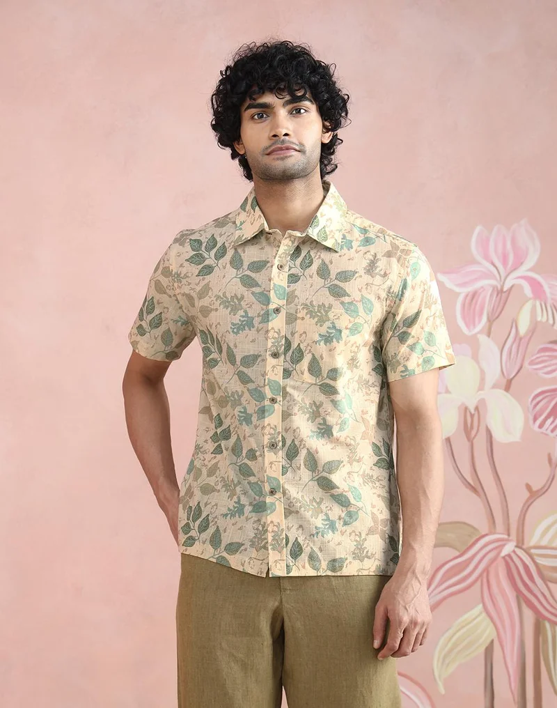 فاب انديا Beige-Green Cotton Hand Block Printed Bush Shirt
