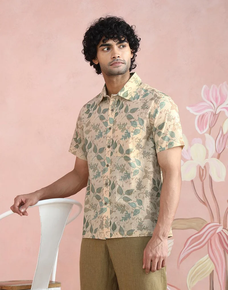 فاب انديا Beige-Green Cotton Hand Block Printed Bush Shirt