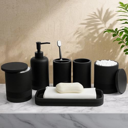 LIN CHUAN 6-Piece Bathroom Accessories Set, Organizer Set with Soap Dispenser, Toothbrush Holder Set, Vanity Tray, Tumbler & 2 Cotton Swab Jars – Modern Stylish Bathroom Storage(Matte Black) - Image 2