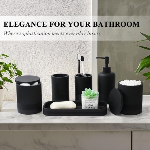 LIN CHUAN 6-Piece Bathroom Accessories Set, Organizer Set with Soap Dispenser, Toothbrush Holder Set, Vanity Tray, Tumbler & 2 Cotton Swab Jars – Modern Stylish Bathroom Storage(Matte Black) - Image 4