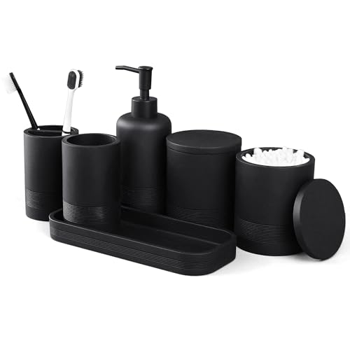 LIN CHUAN 6-Piece Bathroom Accessories Set, Organizer Set with Soap Dispenser, Toothbrush Holder Set, Vanity Tray, Tumbler & 2 Cotton Swab Jars – Modern Stylish Bathroom Storage(Matte Black) - Image 1