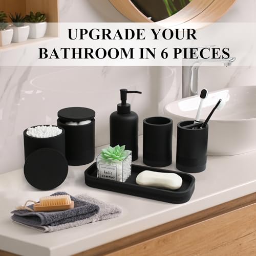 LIN CHUAN 6-Piece Bathroom Accessories Set, Organizer Set with Soap Dispenser, Toothbrush Holder Set, Vanity Tray, Tumbler & 2 Cotton Swab Jars – Modern Stylish Bathroom Storage(Matte Black) - Image 5