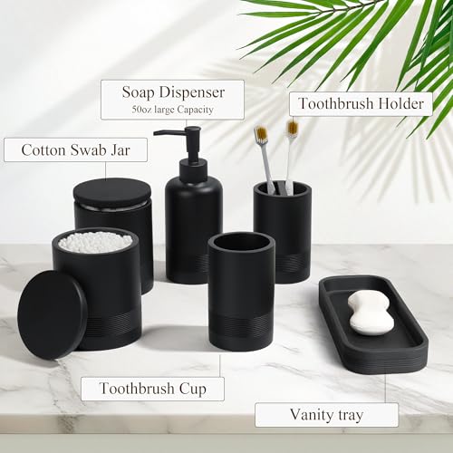 LIN CHUAN 6-Piece Bathroom Accessories Set, Organizer Set with Soap Dispenser, Toothbrush Holder Set, Vanity Tray, Tumbler & 2 Cotton Swab Jars – Modern Stylish Bathroom Storage(Matte Black) - Image 3