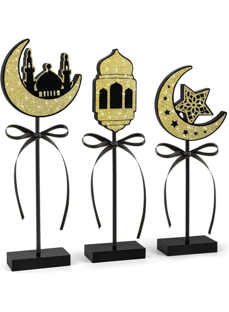 3 Pieces Ramadan Decorations Eid Mubarak Table Decor Wooden Set, Islamic Ramadan Tiered Tray Decor for Muslim Party Tabletop Decor Home - Image 1