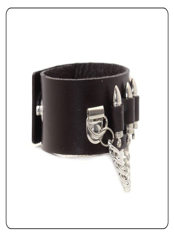 Fusamk Punk Rock Snap Bracelet Bullet Chain Wristband Wide Leather Cuff Bracelet(Brown) - Image 4