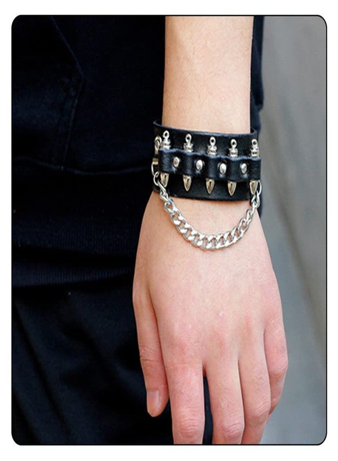 Fusamk Punk Rock Snap Bracelet Bullet Chain Wristband Wide Leather Cuff Bracelet(Brown) - Image 2