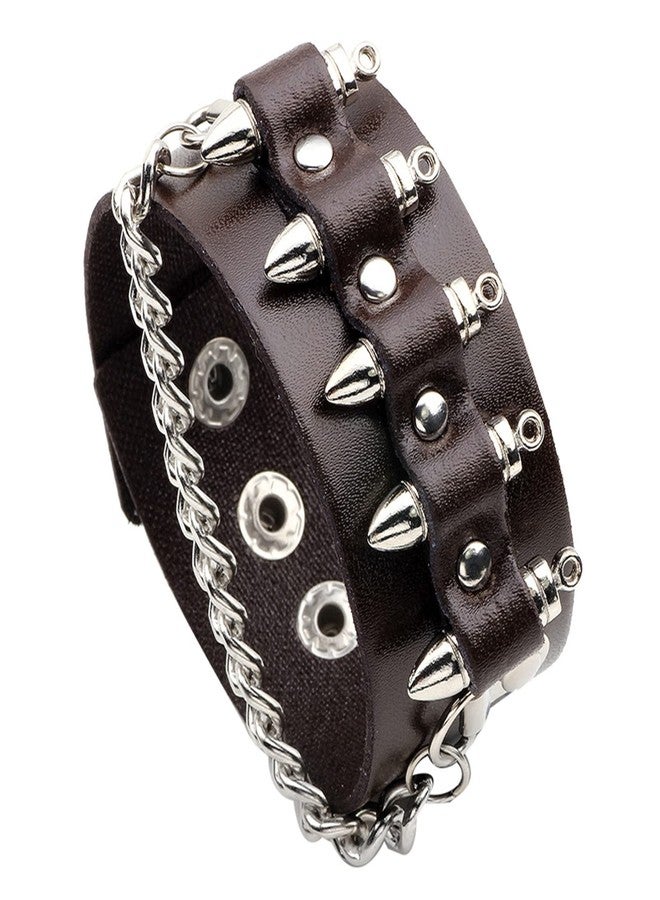 Fusamk Punk Rock Snap Bracelet Bullet Chain Wristband Wide Leather Cuff Bracelet(Brown) - Image 1
