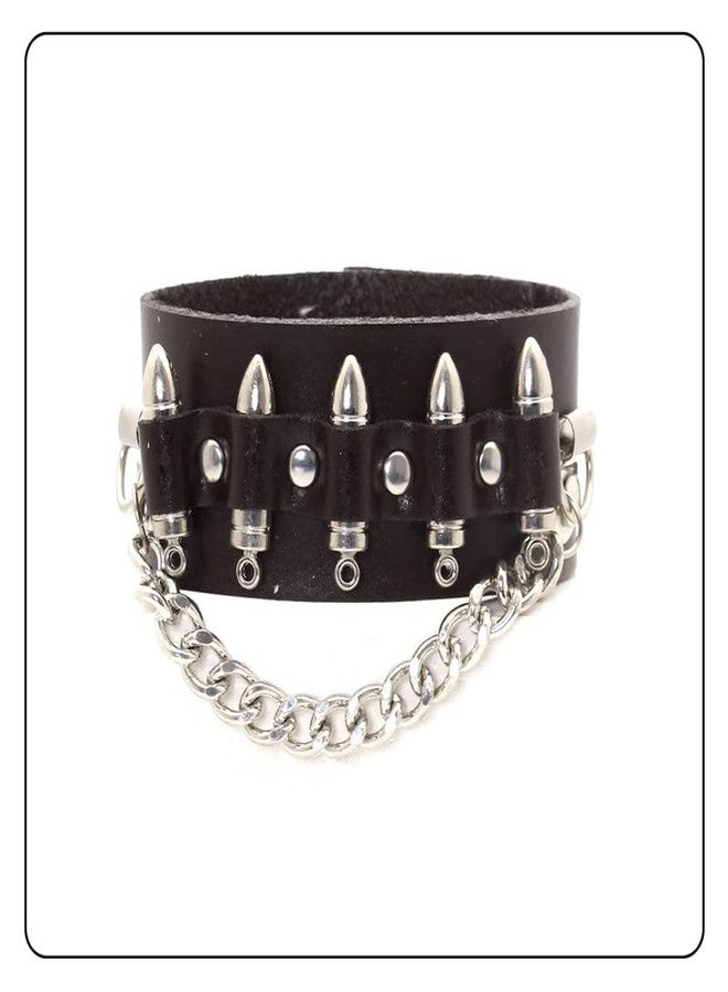 Fusamk Punk Rock Snap Bracelet Bullet Chain Wristband Wide Leather Cuff Bracelet(Brown) - Image 3