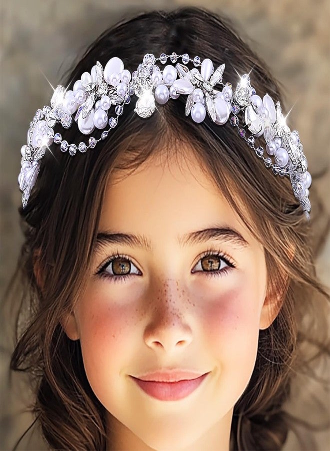 Urieo Flower Girls Headpiece Pearl Princess Headband Wedding First Communion Hair Accessories for Girls - Image 1