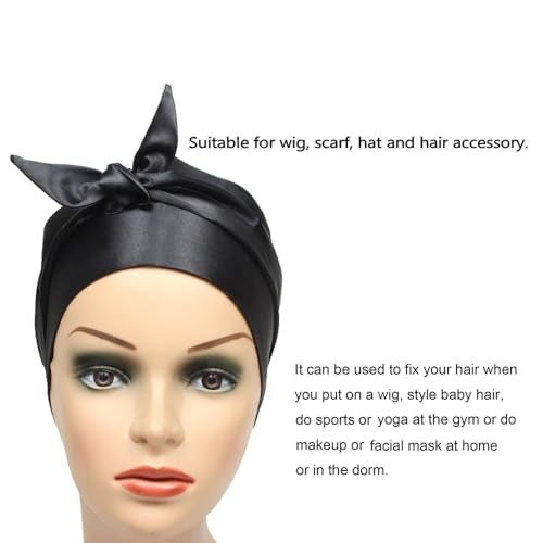 yantaisiyu 1 Pc Satin Head Wrap Wig Grip Band Fashion Headbands for Laying Lace Frontal Wigs Satin Scarf for Yoga, Makeup, Facial, Sport (Black) - Image 2