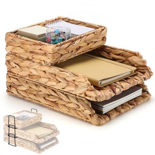 Geelin 3 Pack Water Hyacinth Woven Stackable Desk Organizer Letter Tray Primary Color Tabletop Desk Basket for Storage Paper Letter Folders Notebooks Copy Print Workspace Holder - Image 1