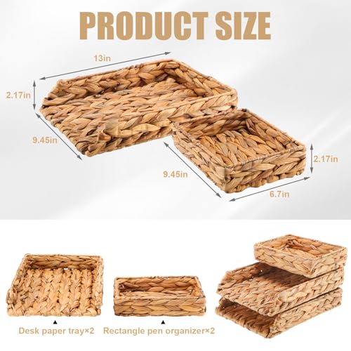 Geelin 3 Pack Water Hyacinth Woven Stackable Desk Organizer Letter Tray Primary Color Tabletop Desk Basket for Storage Paper Letter Folders Notebooks Copy Print Workspace Holder - Image 3