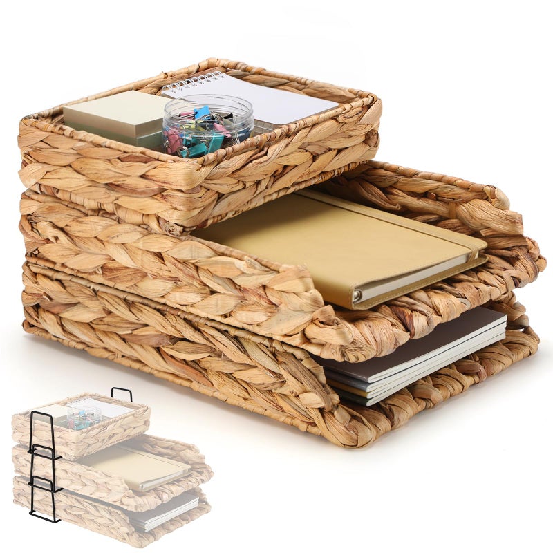 Geelin 3 Pack Water Hyacinth Woven Stackable Desk Organizer Letter Tray Primary Color Tabletop Desk Basket for Storage Paper Letter Folders Notebooks Copy Print Workspace Holder - Image 2