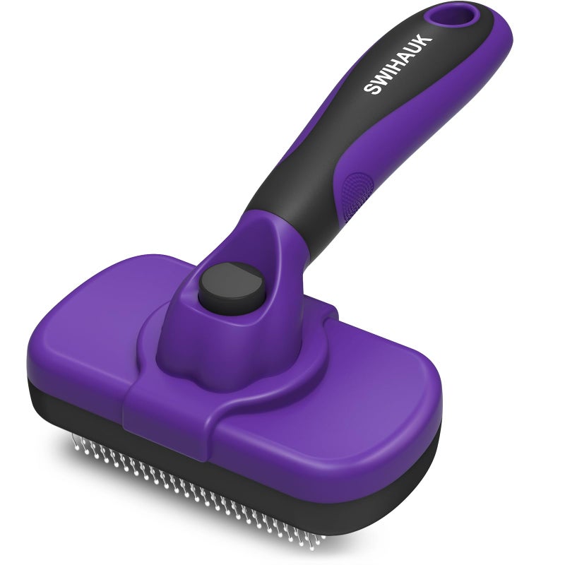 Swihauk Self Cleaning Slicker Brush for Dogs Cats Skin Friendly Pet Grooming for Shedding Deshedding and Hair Removal Puppy Brush for Long Haired Pets Pet Supplies Purple