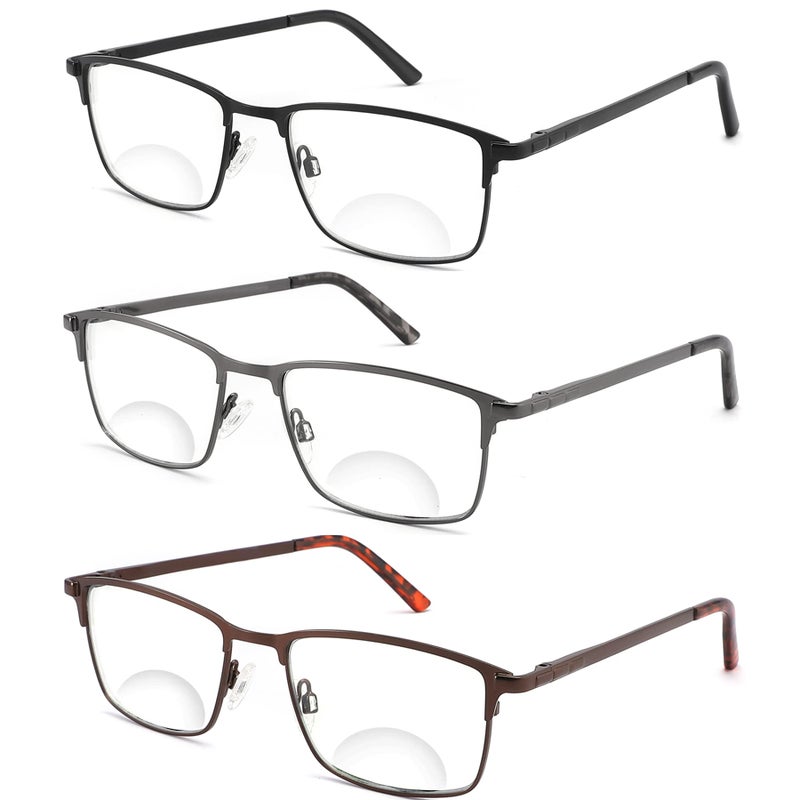 HOTJOJO 3 Pack Bifocal Reading Glasses for Men  Blue Light Blocking Computer Readers Anti UV Ray/Eye Strain/Glare  Wide Metal Frame Eyeglasses with Pouches(150 Magnification Strength) - Image 1