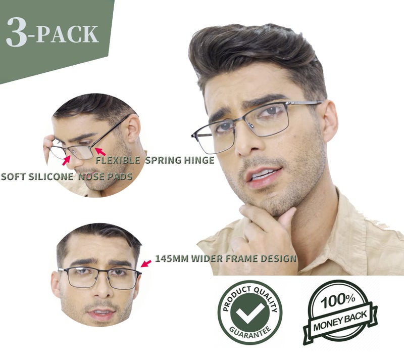 HOTJOJO 3 Pack Bifocal Reading Glasses for Men  Blue Light Blocking Computer Readers Anti UV Ray/Eye Strain/Glare  Wide Metal Frame Eyeglasses with Pouches(150 Magnification Strength) - Image 2