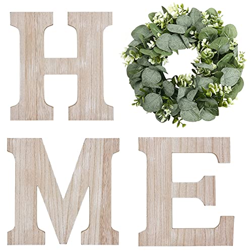 Pinkpum Wooden Home Sign Wall Hanging Decor Wood Home Letters for Wall Art with Artificial Eucalyptus Wreath Rustic Home Decor Farmhouse, Wall Decor for Living Room Entryway Housewarming Gift (Natural) - Image 1