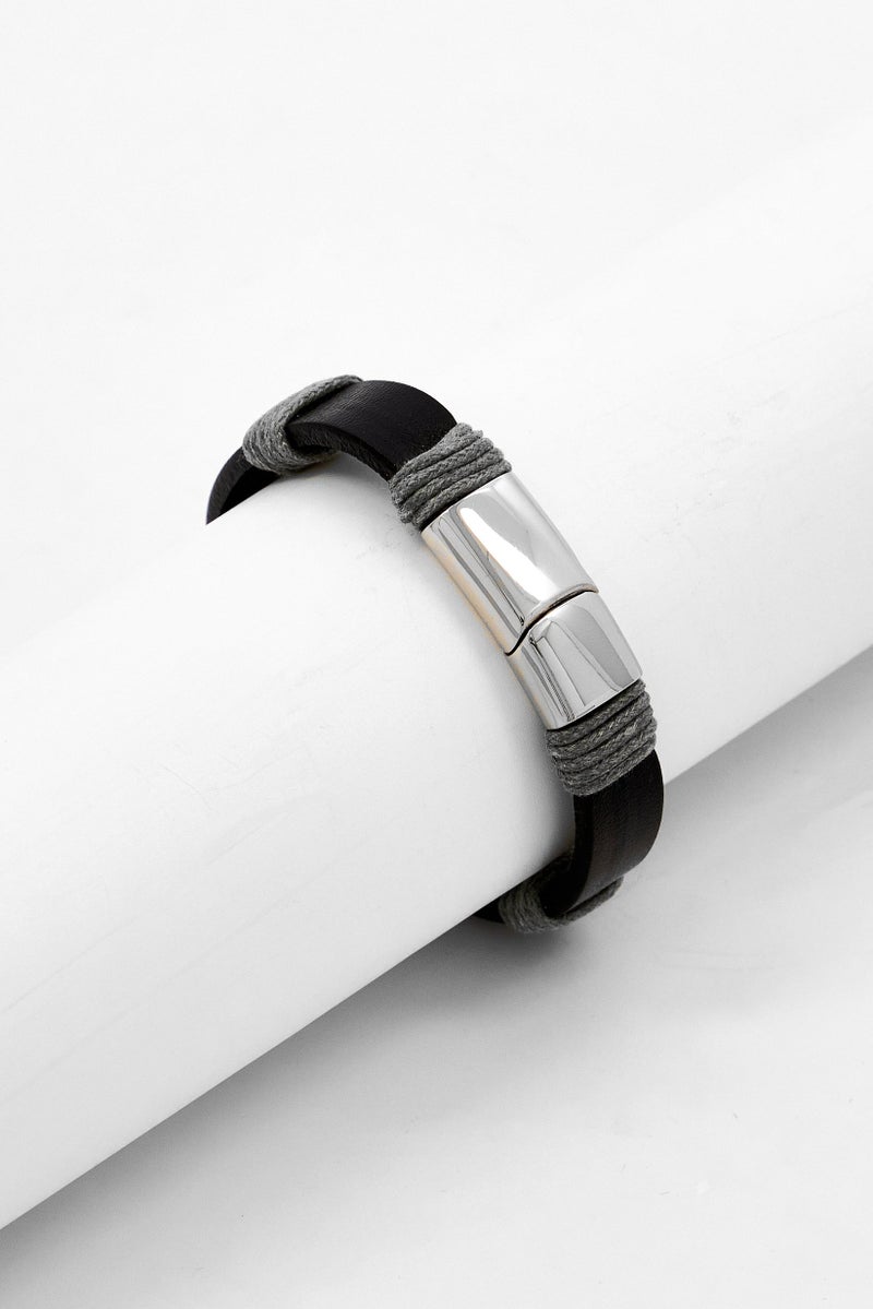 Steeltime Men Leather Bracelet With Grey Thread And Stainless Steel Clasp, Black - Image 1