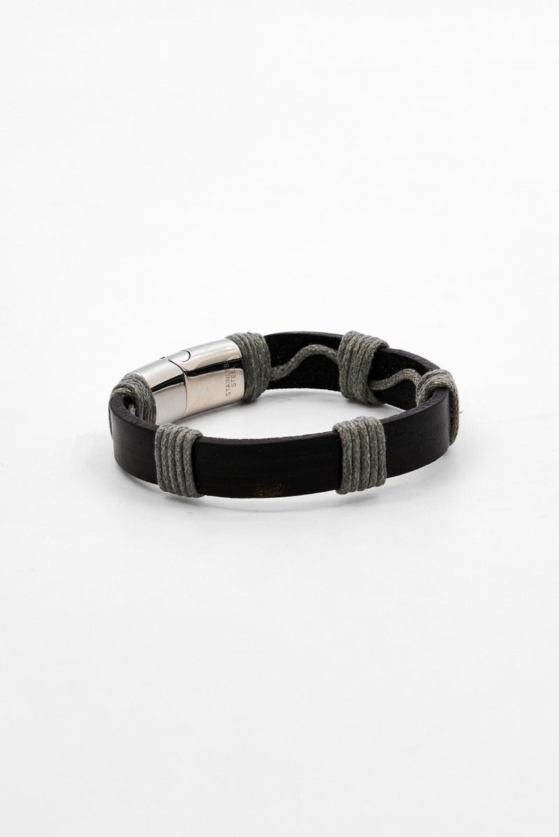 Steeltime Men Leather Bracelet With Grey Thread And Stainless Steel Clasp, Black - Image 3