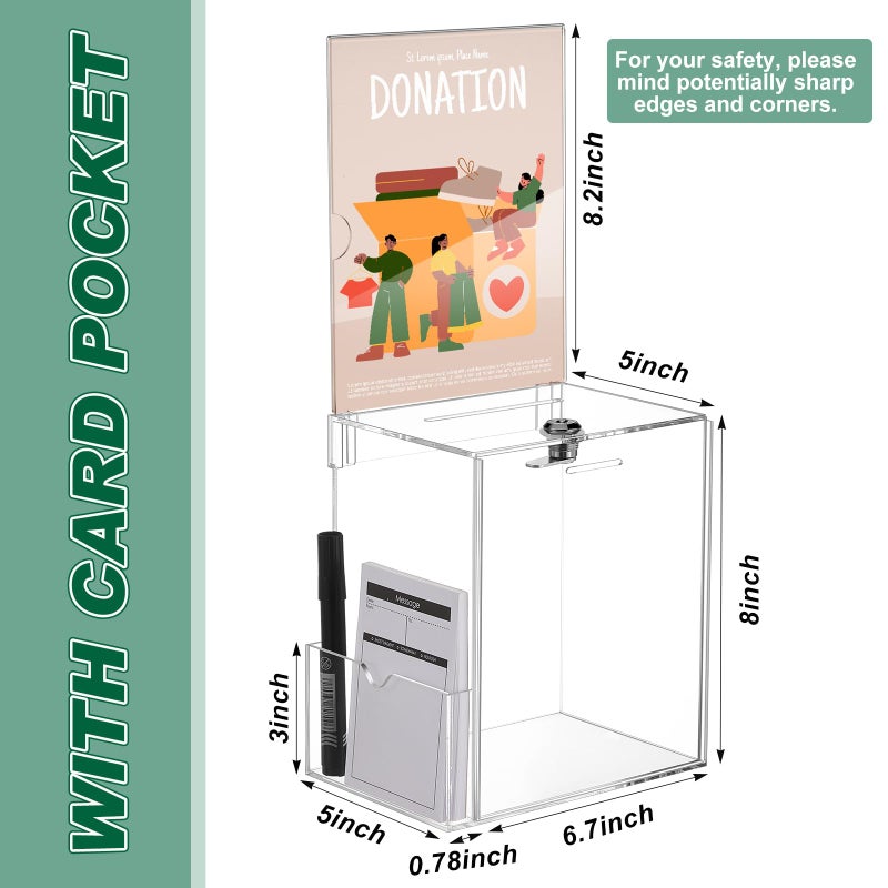 Teling Acrylic Suggestion Box with Card Pocket Safe Donation Box with Lock and Sign Plate for Voting, Charity, Suggestion Collection Supplies (Clear,7. 5 x 5 x 8 Inches) - Image 2