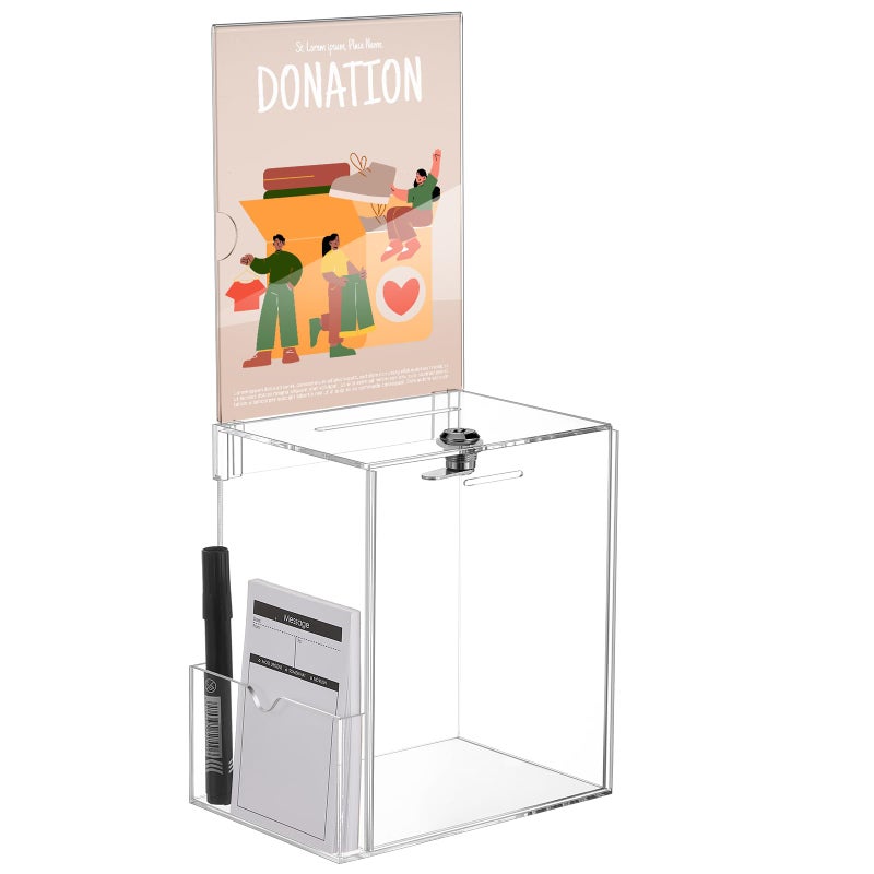 Teling Acrylic Suggestion Box with Card Pocket Safe Donation Box with Lock and Sign Plate for Voting, Charity, Suggestion Collection Supplies (Clear,7. 5 x 5 x 8 Inches) - Image 1