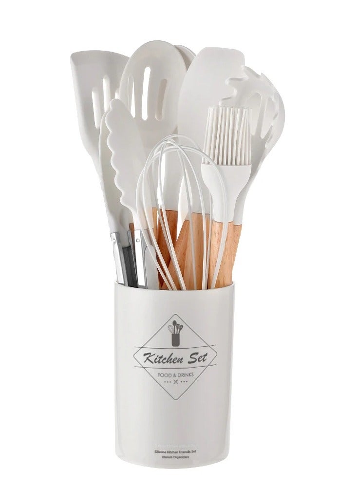 AROAQ Silicone Kitchen Utensils Set With Wooden Handle And Storage Bucket, Heat Resistant Silicone Kitchen Spatulas Set, White 12pc  - Image 1