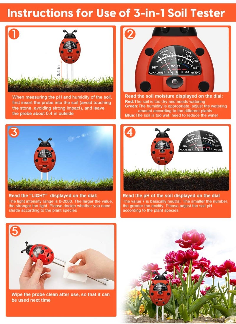 Generic - 3-in-1 Soil Tester Kit - Soil pH Meter with Moisture, Light, and pH Testing for Garden, Farm, Lawn, Indoor & Outdoor Use (No Battery Required) - Cute Ladybug Design - Image 1