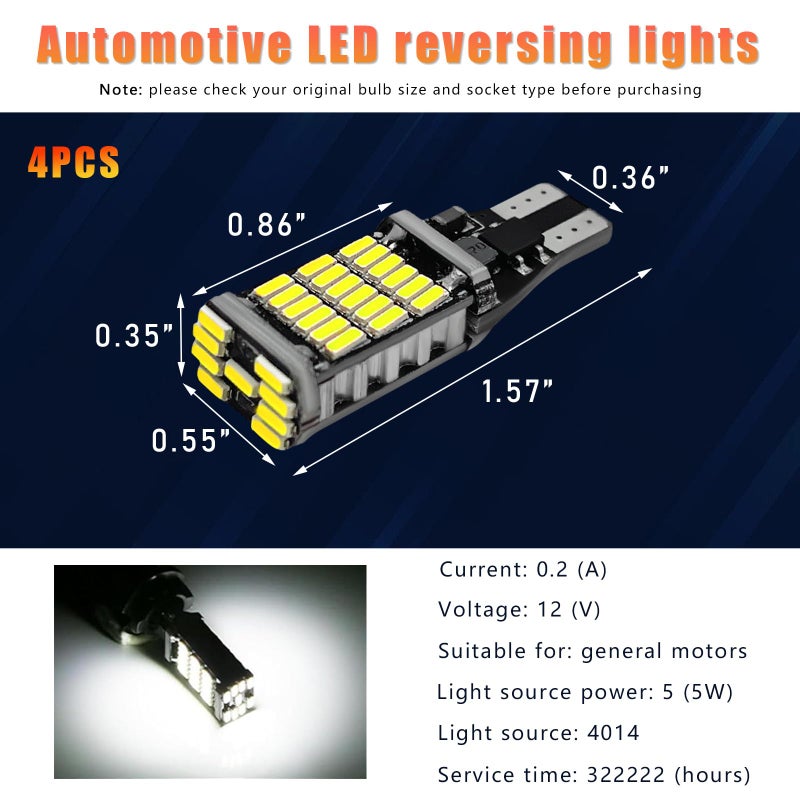 Sylvil 4 PCS LED Reverse Lights T15 4014 45SMD Back Up Light Turn Signal Bulb 6500K Super Bright Stop Light Bulbs Brake Lights for Cars Trucks RVs Universal Car Accessories White - Image 4