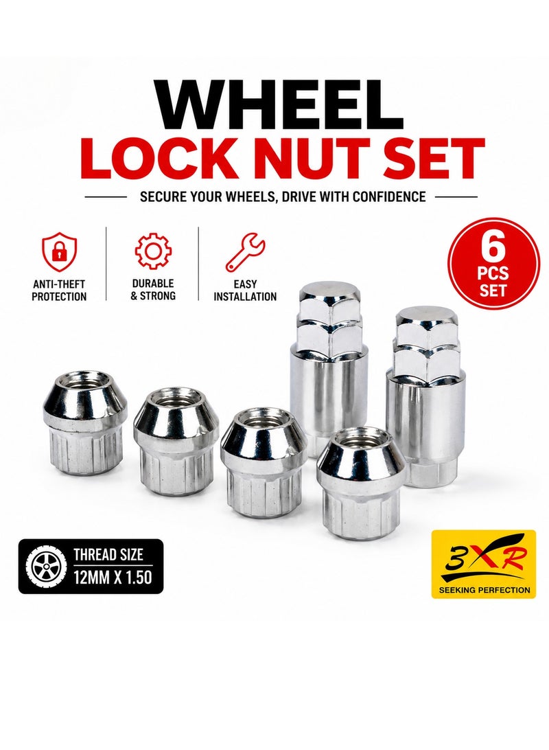 3XR Wheel Lock Nut Set 6PCS 12mm x 1.50 Security Wheel Lug Nut Kit with Locking Key, Anti Theft Wheel Nut Set, Alloy Wheel Protection Lock Nuts, Chrome Finish, Car Wheel Fastener Kit, Universal Vehicle Wheel Security Accessory - Image 1
