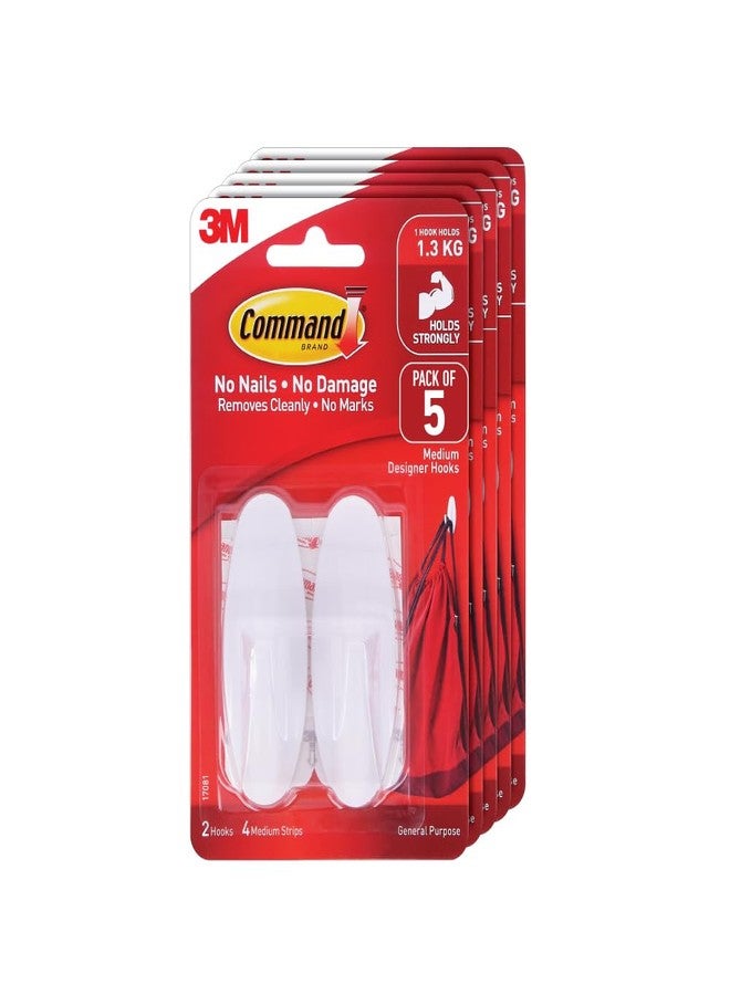 Command 3M Command Medium Designer Wall Hooks, Holds Upto 1.3Kg, No Paint Damage, Heavy Duty, Hold Strongly, Reusable, Adhesive Hooks for Wall, Multi-Surface, Pack of 5 (White, 2 Hooks, 4 Strips Each) - Image 1