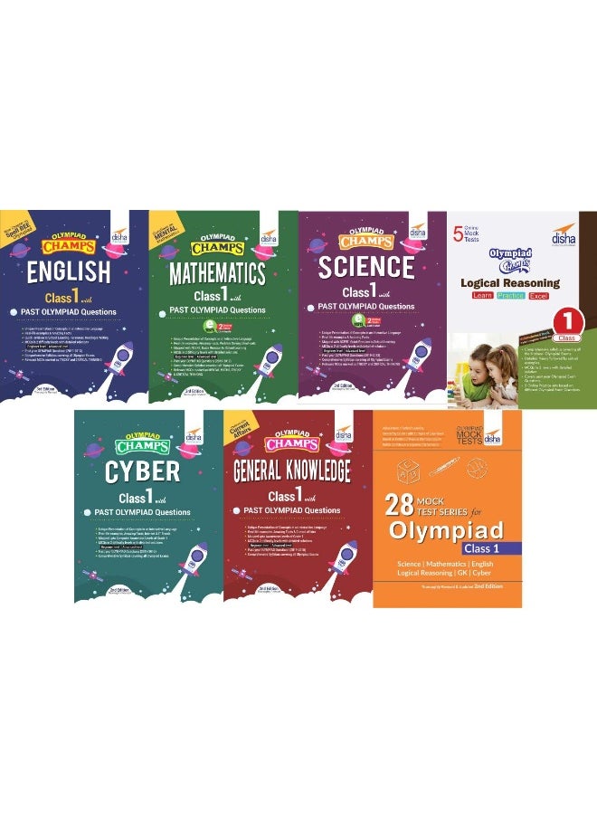 Olympiad Champs Science, Mathematics, English, Logical Reasoning, Cyber & GK Class 1 with 28 Mock Tests (set of 7 books) 2nd Edition 