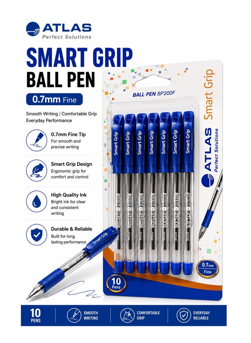 ATLAS 10-Piece Smartgrip Ballpoint Pen 0.7mm Fine Tip Blue Ink - Image 1
