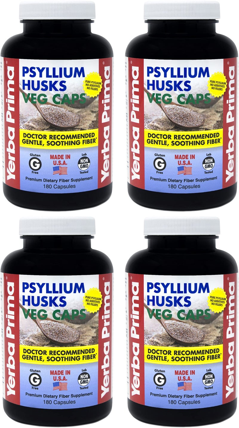 Yerba Prima Psyllium Husks Veg Caps 180 Count Pack of 4 Vegan NonGMO Gluten Free Colon Cleanser Daily Fiber Supplement for Gut Health Regularity